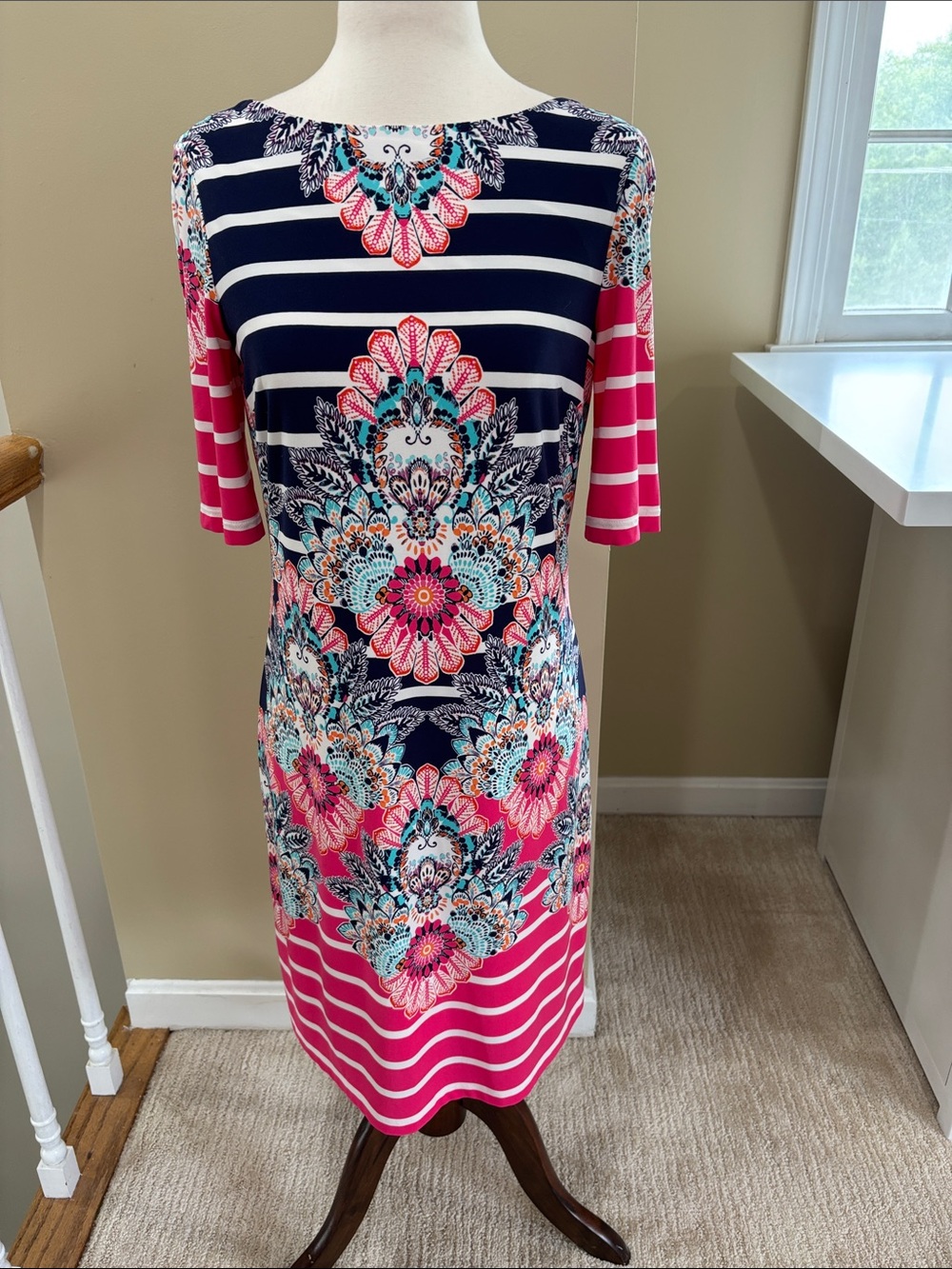 Eliza J Navy, Pink and Turquoise Floral Stripe Midi Dress Size 4P EUC